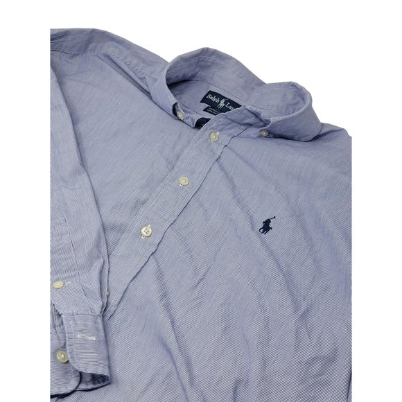 Ralph Lauren Yarmouth Blue‎ Tick Striped Button-Down Dress Shirt Size 17 1/2 - Picture 3 of 5